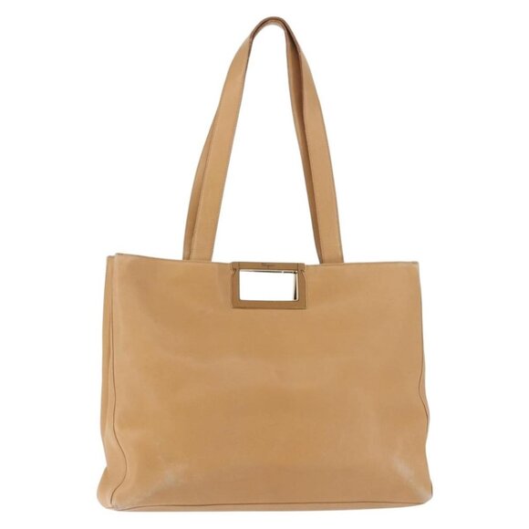 Salvatore Ferragamo Gancini Tote Bag Leather Beige Gold Auth